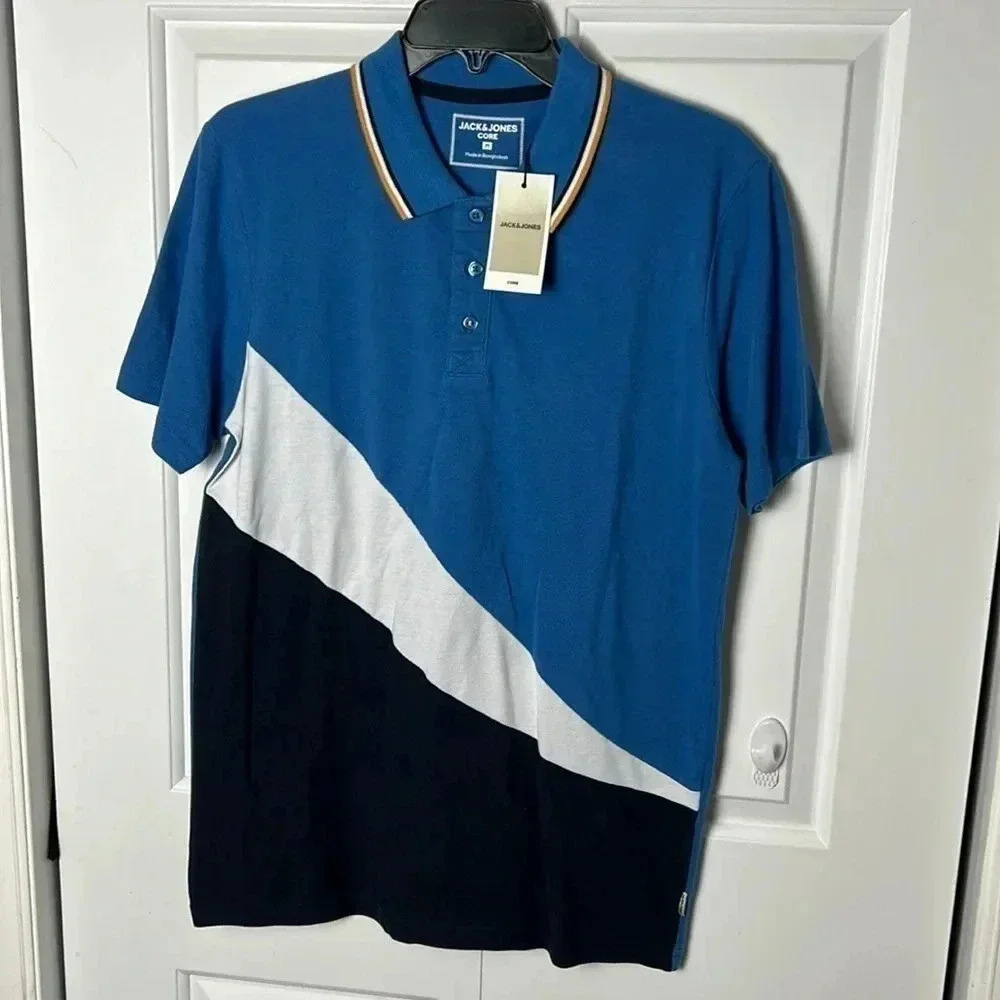 Jack and jones 100 cotton blue MEN SHIRT short sleeve polo ! Diagonal stripes